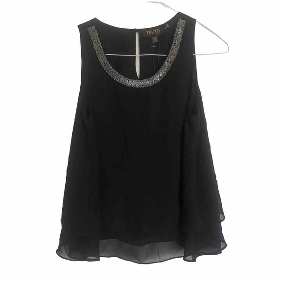 Truth By Republic Top Size XS Sleeveless Semi Sheer Tiered Black Beaded Neckline - Picture 1 of 12